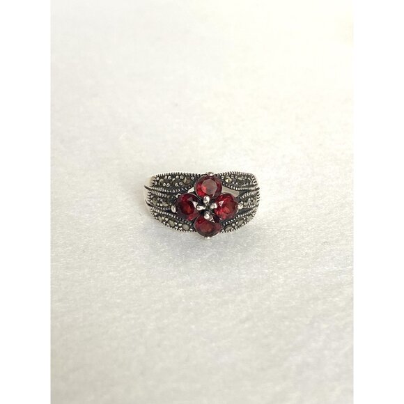 Sterling Silver 925 Multi Gemstone Garnet & Marcasite Floral Band Ring Sz 6.25 - Picture 7 of 16